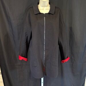 Lafayette 148 New York Black Zip-Front Coat with Red Cuff Accents XL